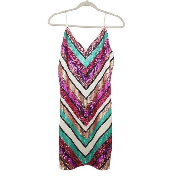Express Chevron Sequin Mini Dress Multicolor Size Large - Picture 3 of 14